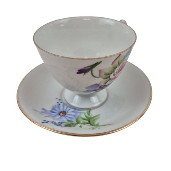 Lefton Teacup Saucer Set Japan Hand Painted Floral 4671 Gold Trim Vintage - Picture 5 of 10